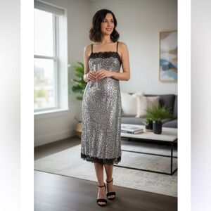 Gianni Bini X Lilly Sisto Allegra Silver Sequin Midi Dress slip style lace trim